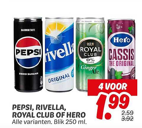 PEPSI, RIVELLA, ROYAL CLUB OF HERO - Alle varianten. Blik 250 ml.