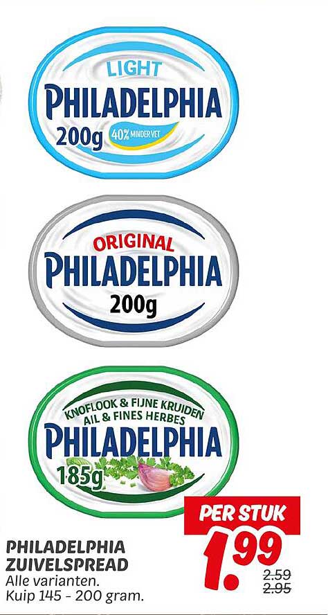PHILADELPHIA ZUIVELSPREAD Alle varianten. Kup 145 - 200 gram.