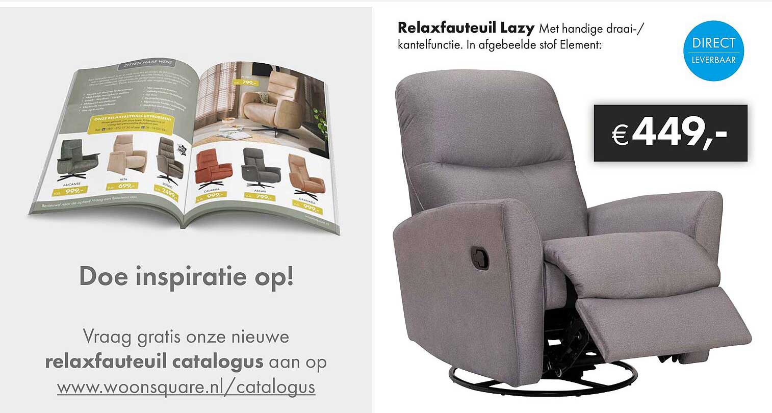 Relaxfauteuil Lazy Met handige draai-/ kantelfunctie. In afgebeelde stof Element: