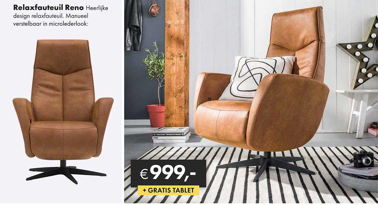 Relaxfauteuil Reno Heerlijk design relaxfauteuil. Handmatig verstelbaar in microlederlook: