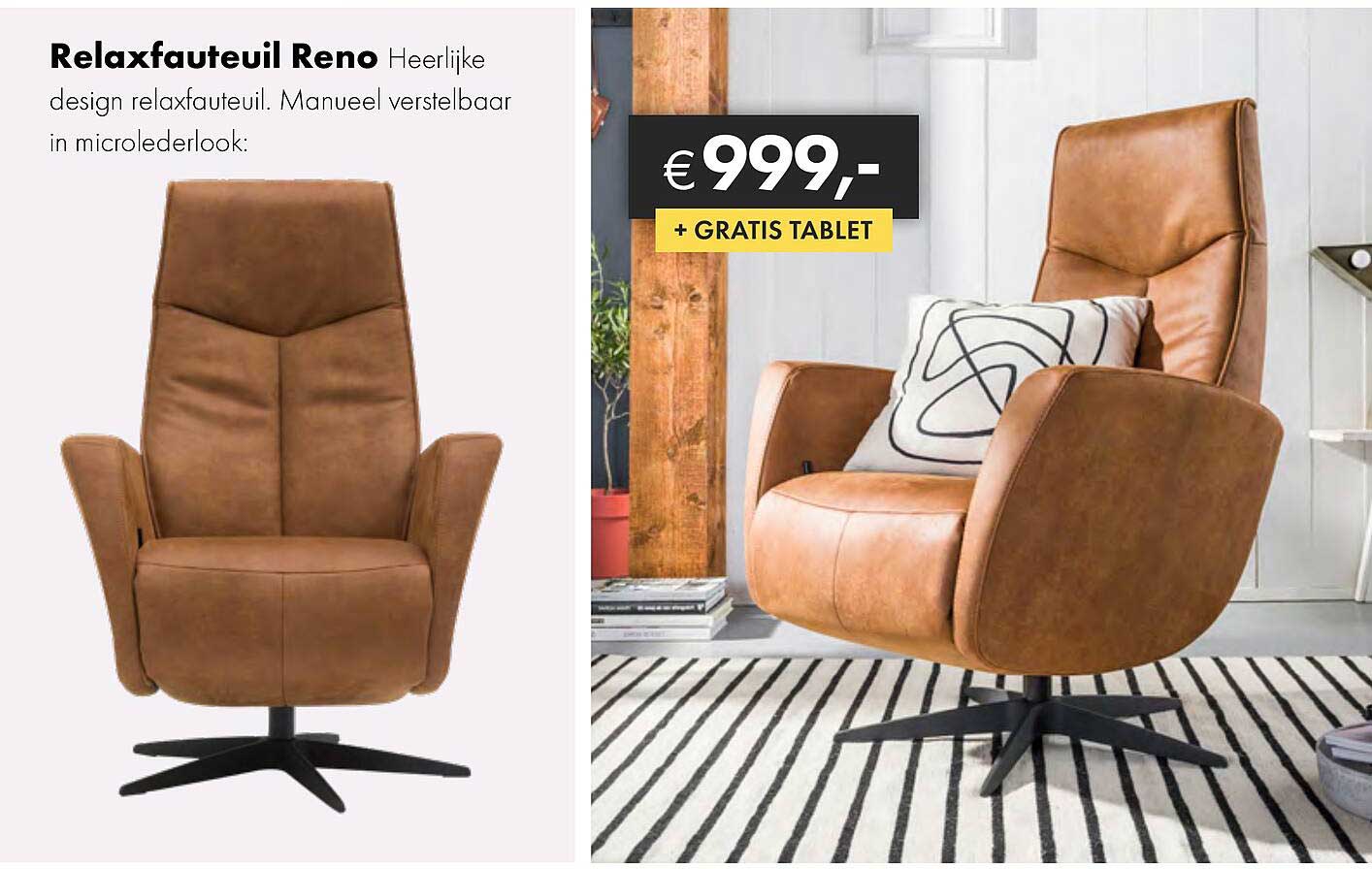 Relaxfauteuil Reno Heerlijke design relaxfauteuil. Manueel verstelbaar in microlederlook: