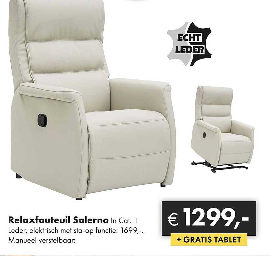 Relaxfauteuil Salerno In Cat. 1 Leder, elektrisch met sta-op functie: 1699,-