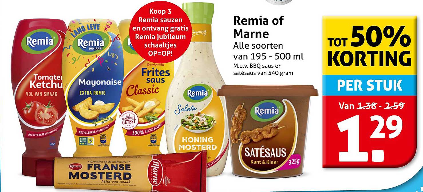 Remia of Marne - Alle soorten van 195 - 500 ml. M.u.v. BBQ saus en satésaus van 540 gram.