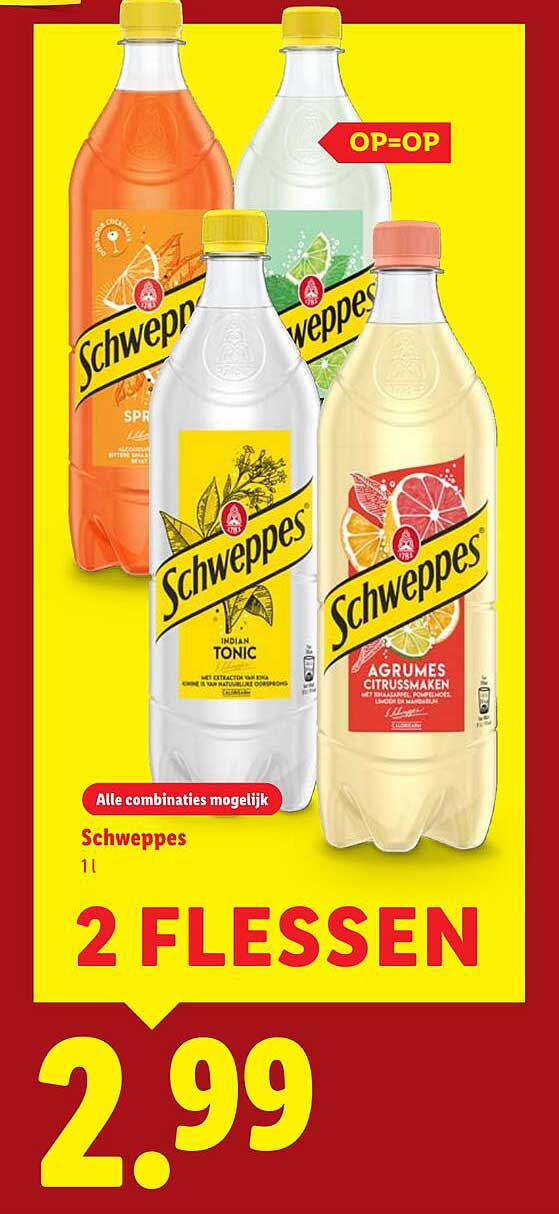Schweppes 2 flessen 1 l voor €2,99