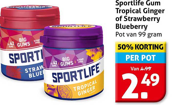 Sportlife Gum Tropical Ginger of Strawberry Blueberry Pot van 99 gram