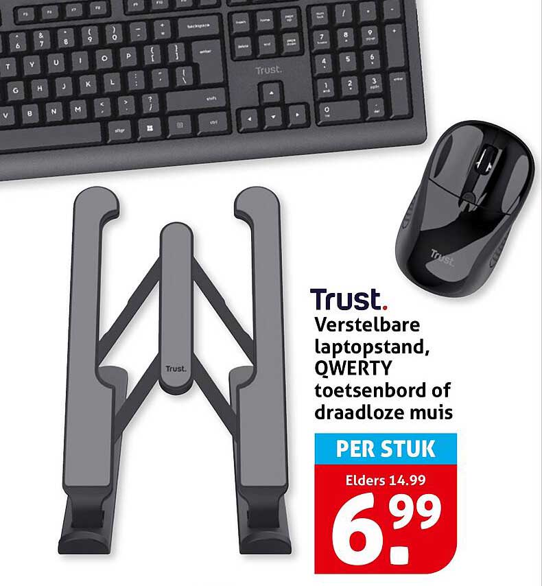 Trust. Verstelbare laptopstand, QWERTY toetsenbord of draadloze muis