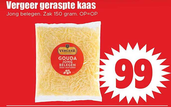 Vergeer geraspte kaas Jong belegen. Zak 150 gram.