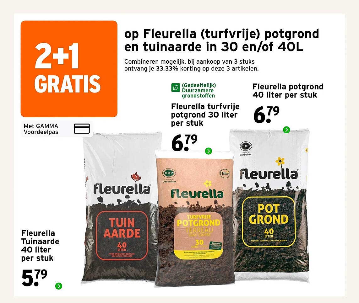 2+1 GRATIS op Fleurella (turfvrije) potgrond en tuinaarde in 30 en/of 40L