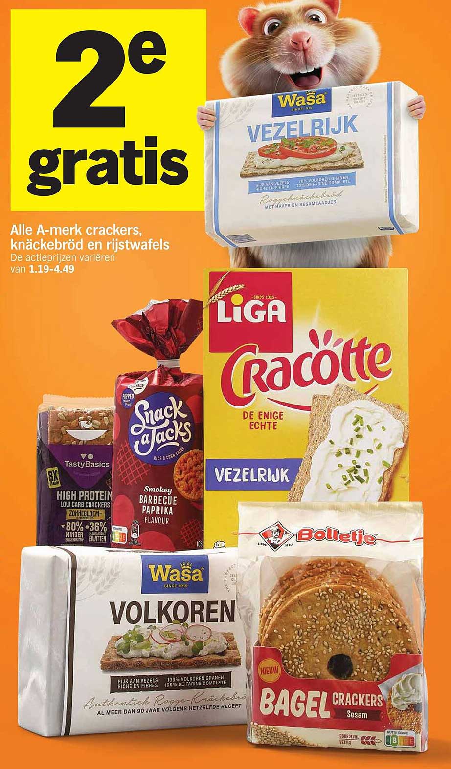 2e gratis Alle A-merk crackers, knäckebröd en rijstwafels