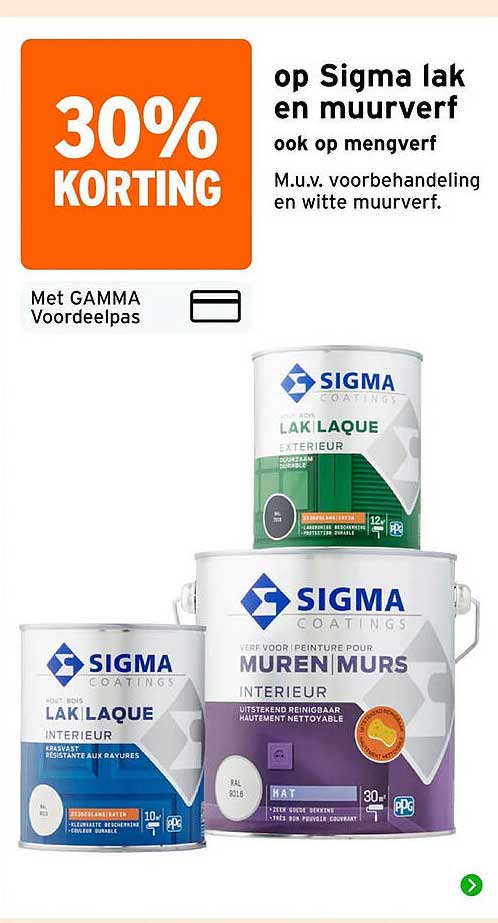 30% korting op Sigma lak en muurverf ook op mengverf