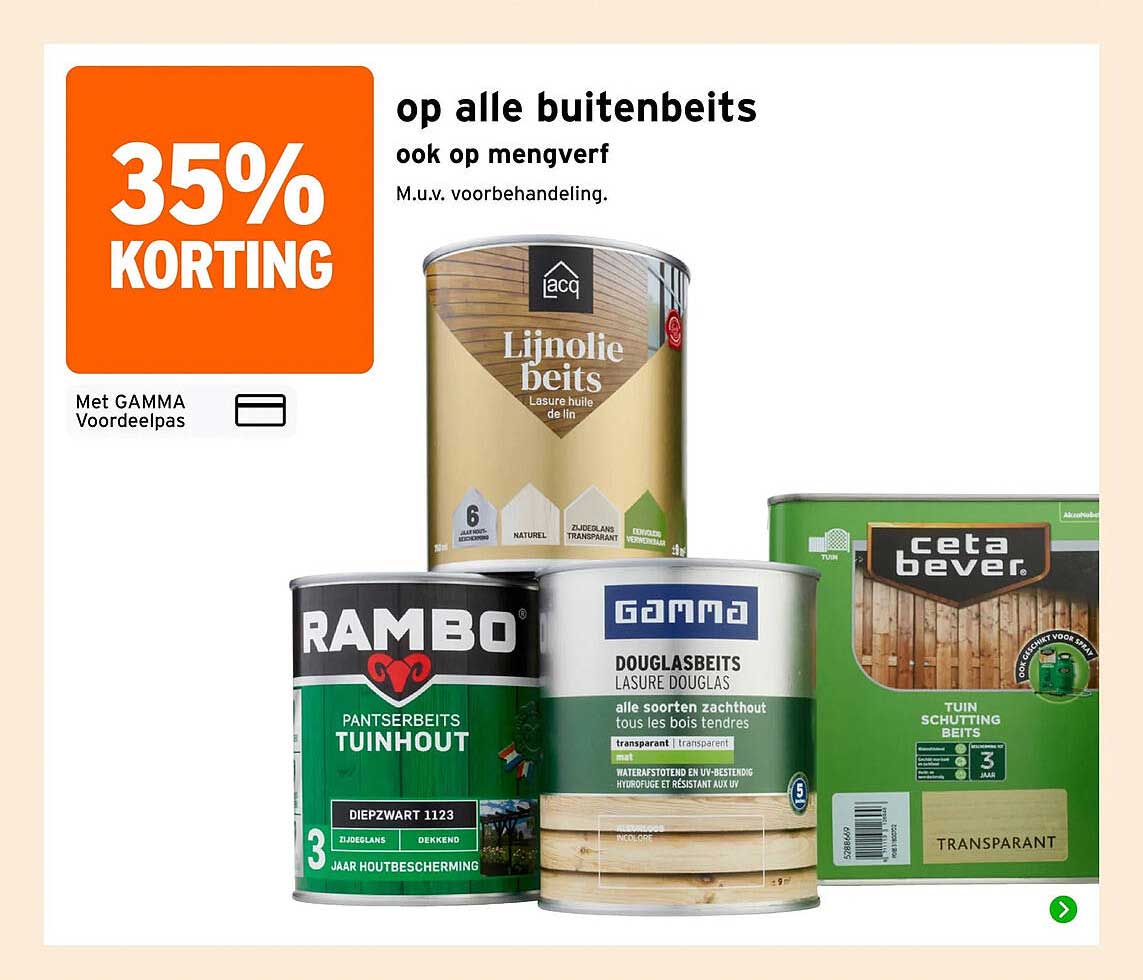 35% korting op alle buitenbeits ook op mengverf