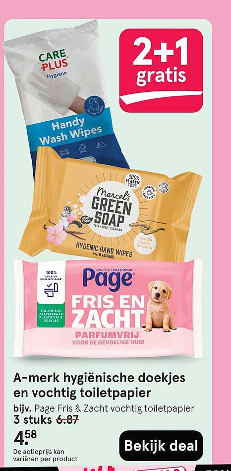 A-merk hygiënische doekjes en vochtig toiletpapier 2+1 gratis