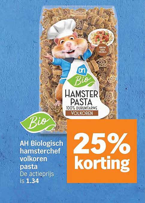 AH Biologisch hamsterchef volkoren pasta 25% korting