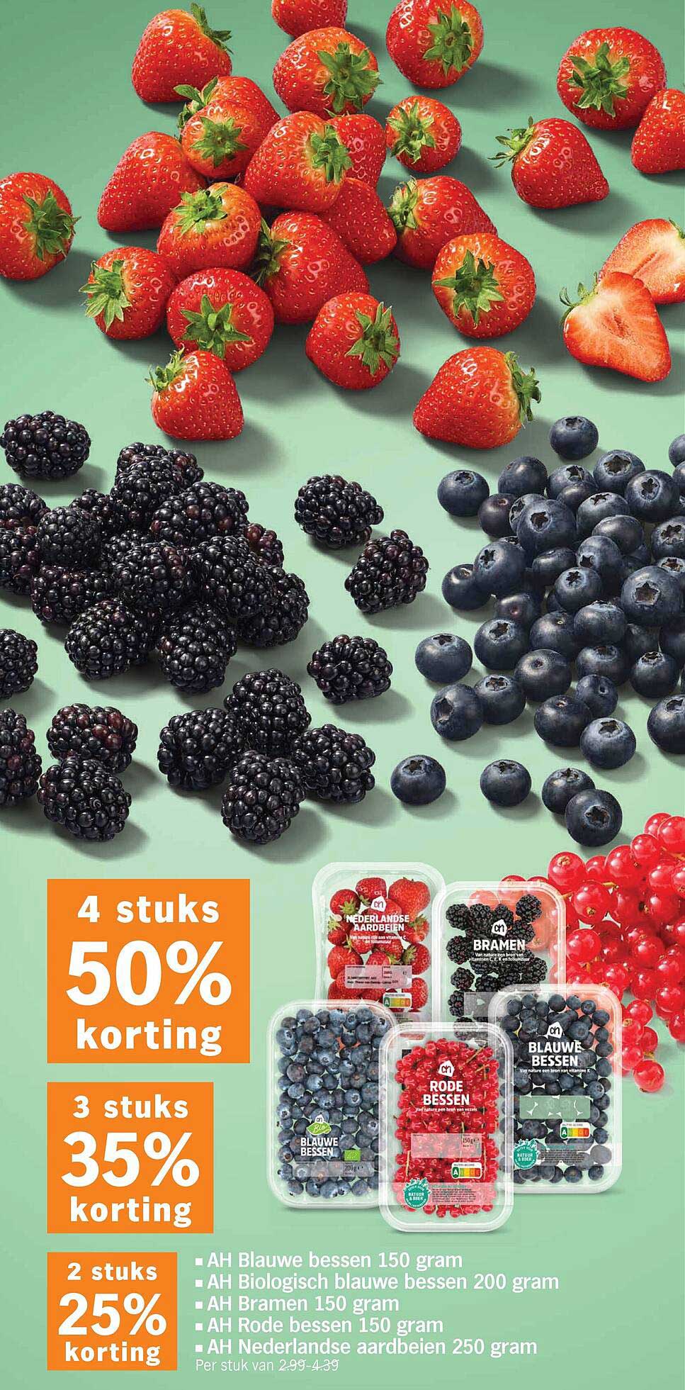 AH Blauwe bessen 150 gram, AH Biologisch blauwe bessen 200 gram, AH Bramen 150 gram, AH Rode bessen 150 gram, AH Nederlandse aardbeien 250 gram