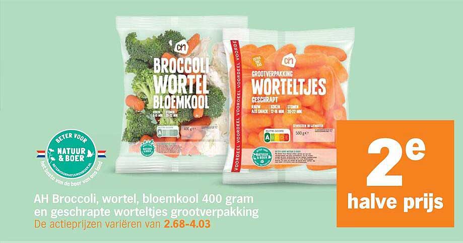 AH Broccoli, wortel, bloemkool 400 gram en geschrapte worteltjes grootverpakking 2e halve prijs