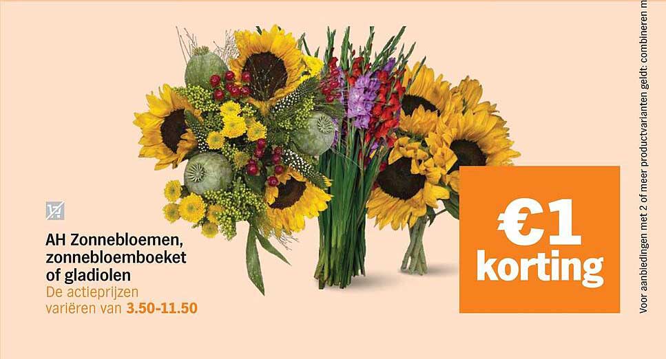 AH Zonnebloemen, zonnebloemboeket of gladiolen €1 korting