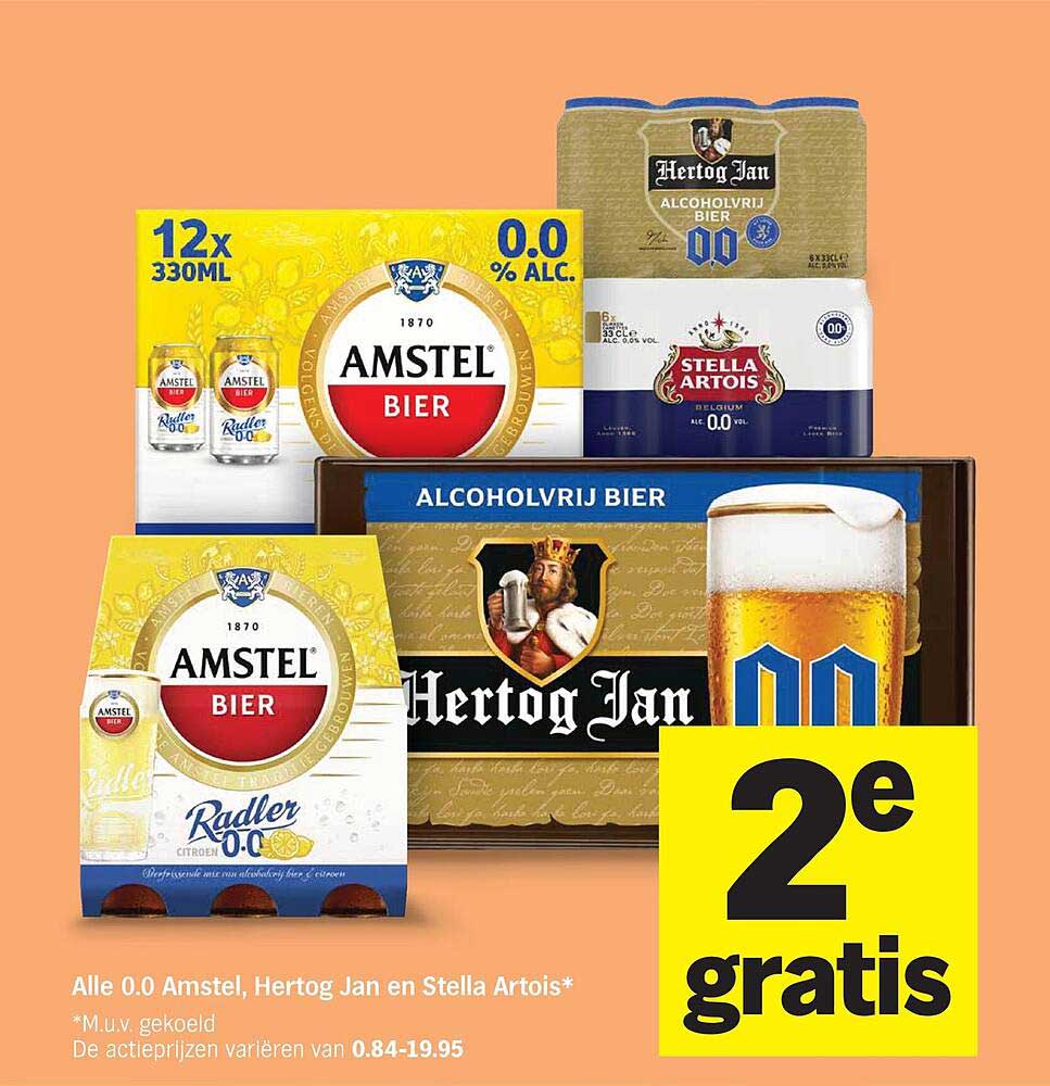 Alle 0.0 Amstel, Hertog Jan en Stella Artois* 2e gratis