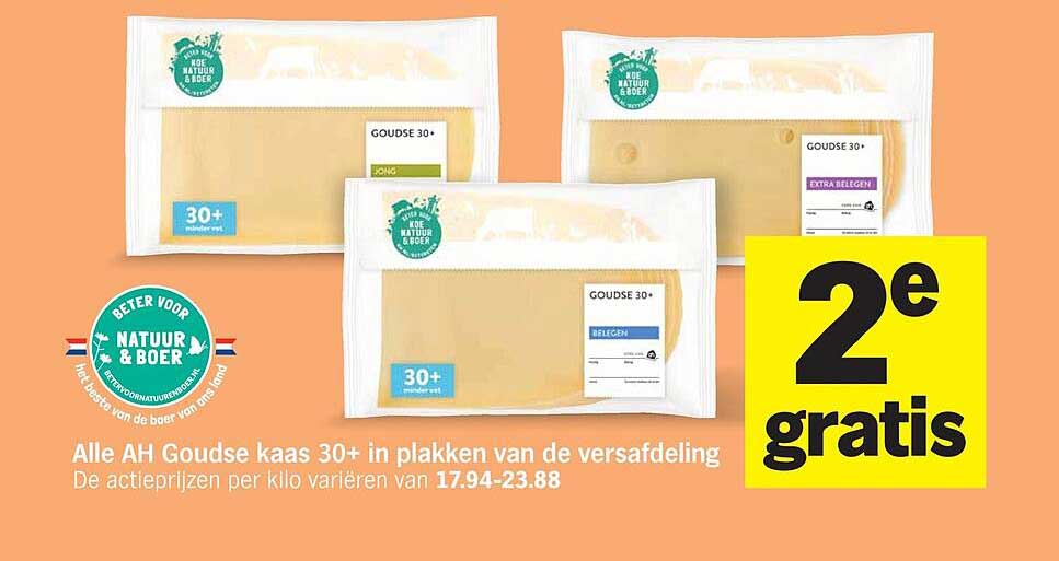 Alle AH Goudse kaas 30+ in plakken van de versafdeling 2e gratis