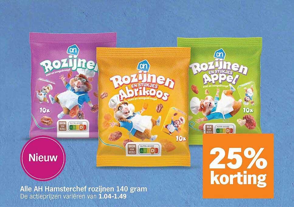 Alle AH Hamsterchef rozijnen 140 gram 25% korting