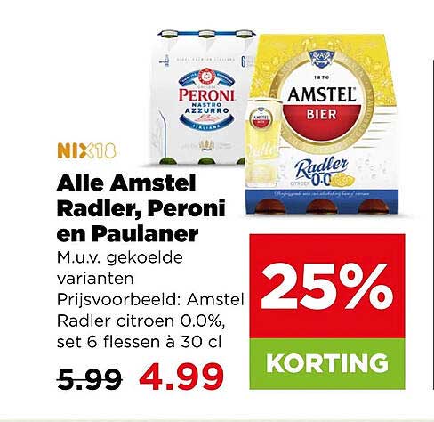 Alle Amstel Radler, Peroni en Paulaner 25% KORTING