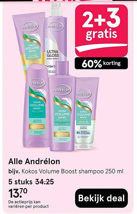 Alle Andrélon bijv. Kokos Volume Boost shampoo 250 ml 2+3 gratis