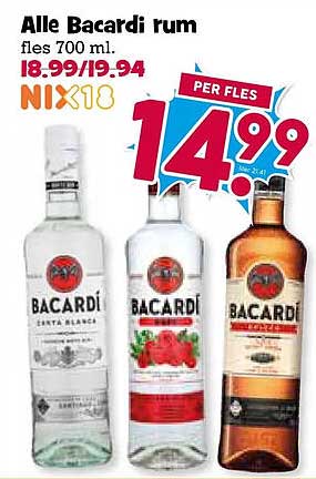 Alle Bacardi rum fles 700 ml. NIX18 PER FLES