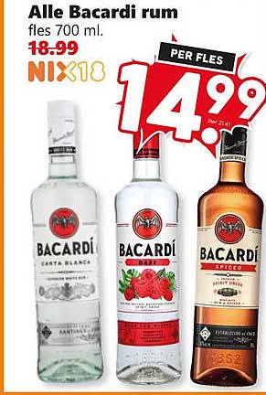 Alle Bacardi rum fles 700 ml. PER FLES