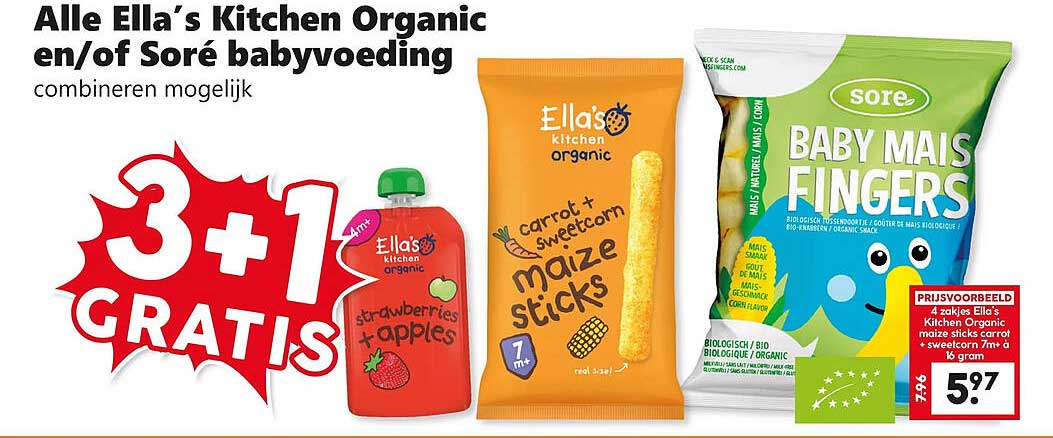 Alle Ella’s Kitchen Organic en/of Soré babyvoeding combineren mogelijk 3+1 gratis
