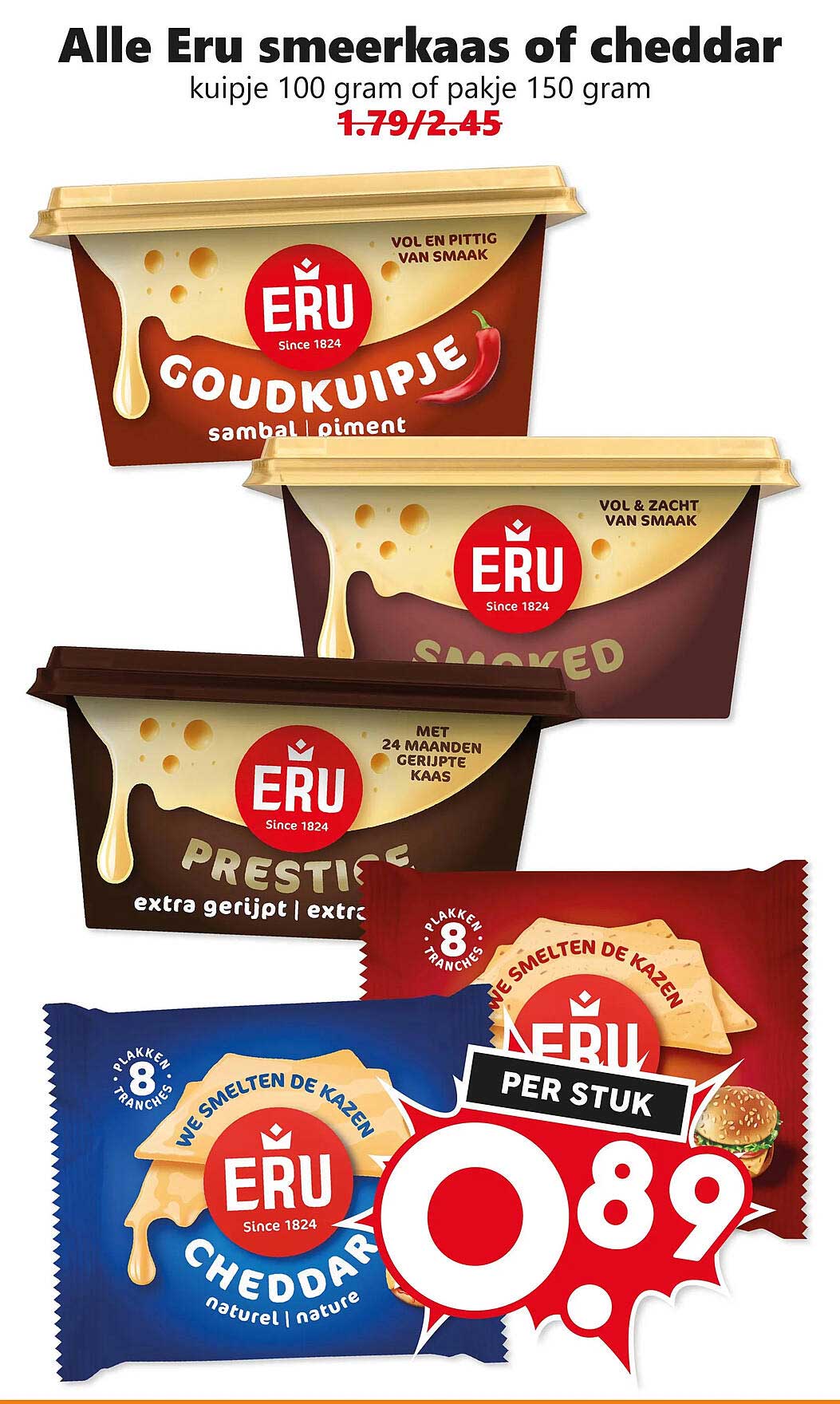 Alle Eru smeerkaas of cheddar kuipje 100 gram of pakje 150 gram