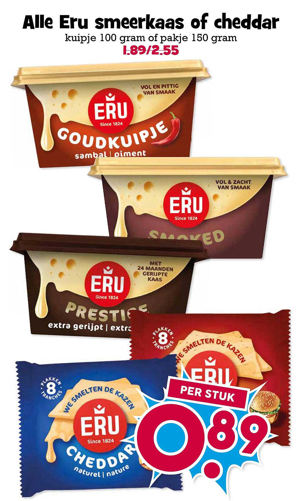 Alle Eru smeerkaas of cheddar kuipje 100 gram of pakje 150 gram