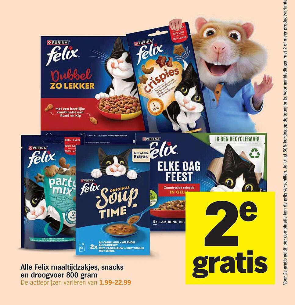Alle Felix maaltijdzakjes, snacks en droogvoer 800 gram 2e gratis