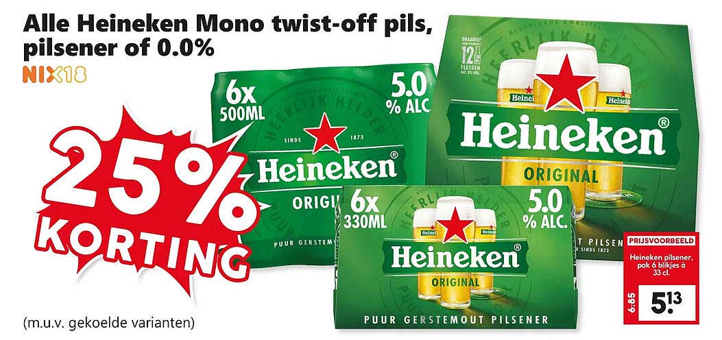 Alle Heineken Mono twist-off pils, pilsener of 0.0% 25% KORTING