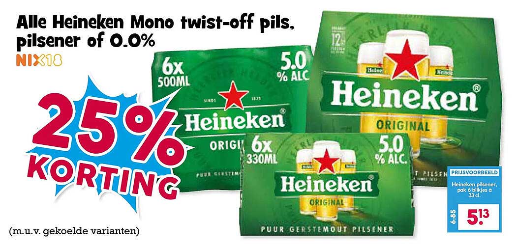 Alle Heineken Mono twist-off pils, pilsener of 0.0% 25% korting