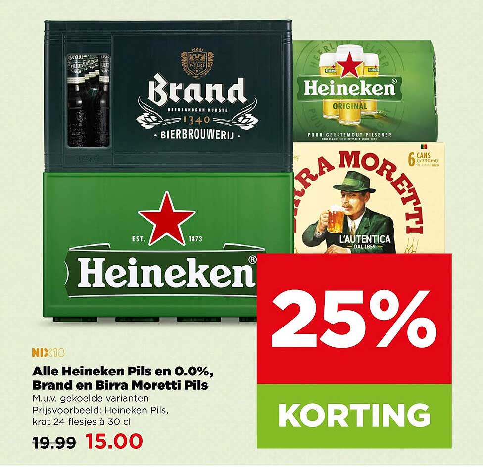 Alle Heineken Pils en 0.0%, Brand en Birra Moretti Pils 25% KORTING