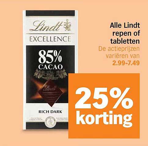 Alle Lindt repen of tabletten 25% korting