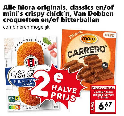 Alle Mora originals, classics en/of mini's crispy chick'n, Van Dobben croquetten en/of bitterballen combineren mogelijk 2e halve prijs