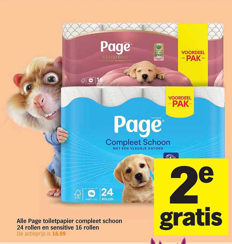 Alle Page toiletpapier compleet schoon 24 rollen en sensitive 16 rollen 2e gratis