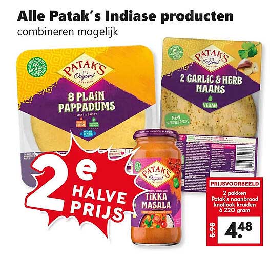 Alle Patak’s Indiase producten combineren mogelijk 2e halve prijs