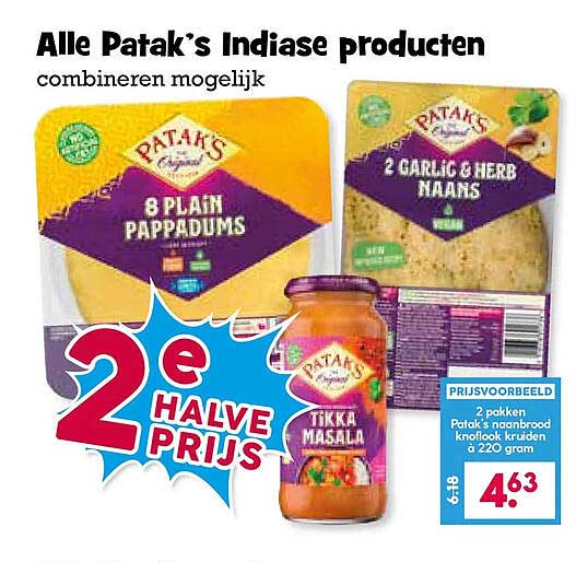 Alle Patak’s Indiase producten combineren mogelijk 2e halve prijs
