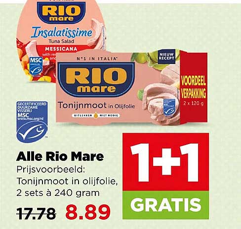 Alle Rio Mare Prijsvoorbeeld: Tonijnmoot in olijfolie, 2 sets à 240 gram 1+1 GRATIS