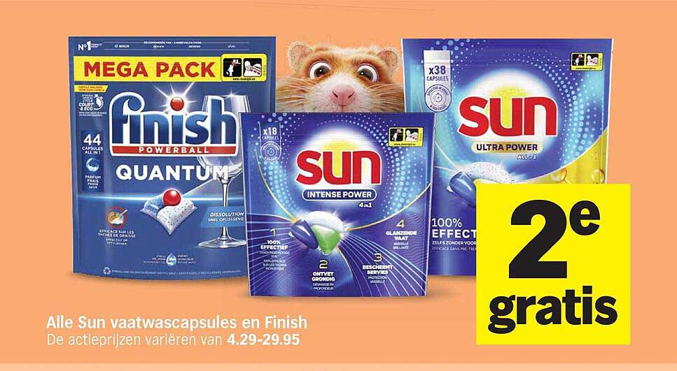 Alle Sun vaatwascapsules en Finish 2e gratis