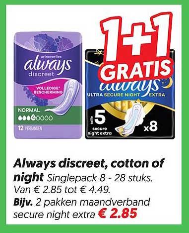 Always discreet, cotton of night Singlepack 8 - 28 stuks. 1+1 GRATIS