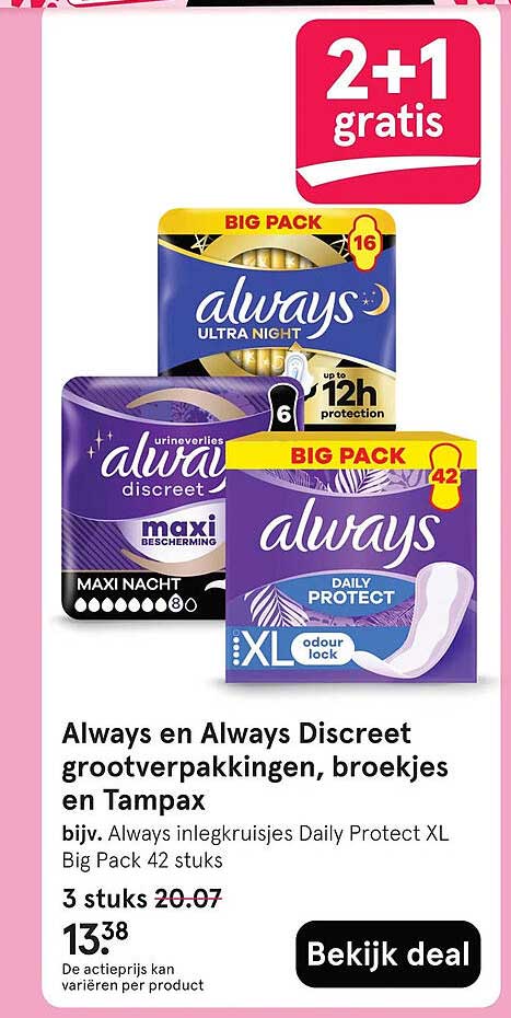 Always en Always Discreet grootverpakkingen, broekjes en Tampax 2+1 gratis