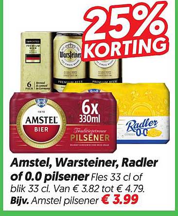 Amstel, Warsteiner, Radler of 0.0 pilsener Fles 33 cl of blik 33 cl. 25% Korting