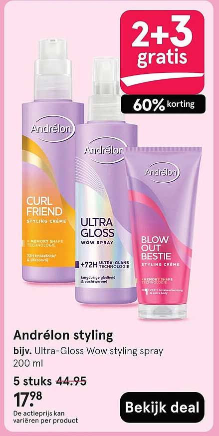 Andrélon styling bijv. Ultra-Gloss Wow styling spray 200 ml 2+3 gratis