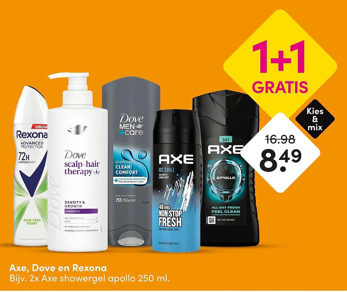 Axe, Dove en Rexona Bijv. 2x Axe showergel apollo 250 ml. 1+1 gratis