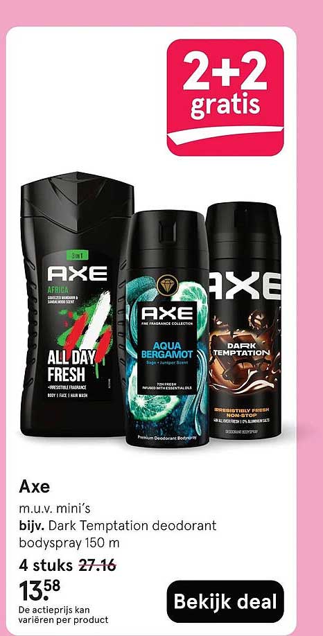 Axe m.u.v. mini’s bijv. Dark Temptation deodorant bodyspray 150 m 2+2 gratis