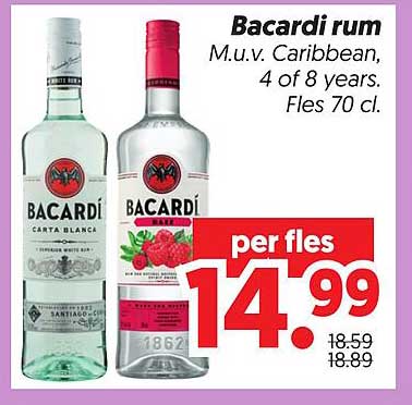 Bacardi rum M.u.v. Caribbean, 4 of 8 years. Fles 70 cl.