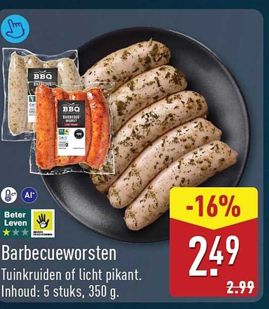 Barbecueworsten Tuinkruiden of licht pikant. Inhoud: 5 stuks, 350 g.
