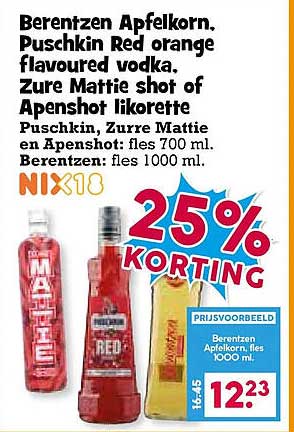 Berentzen Apfelkorn, Puschkin Red orange flavoured vodka, Zure Mattie shot of Apenshot likorette 25% KORTING